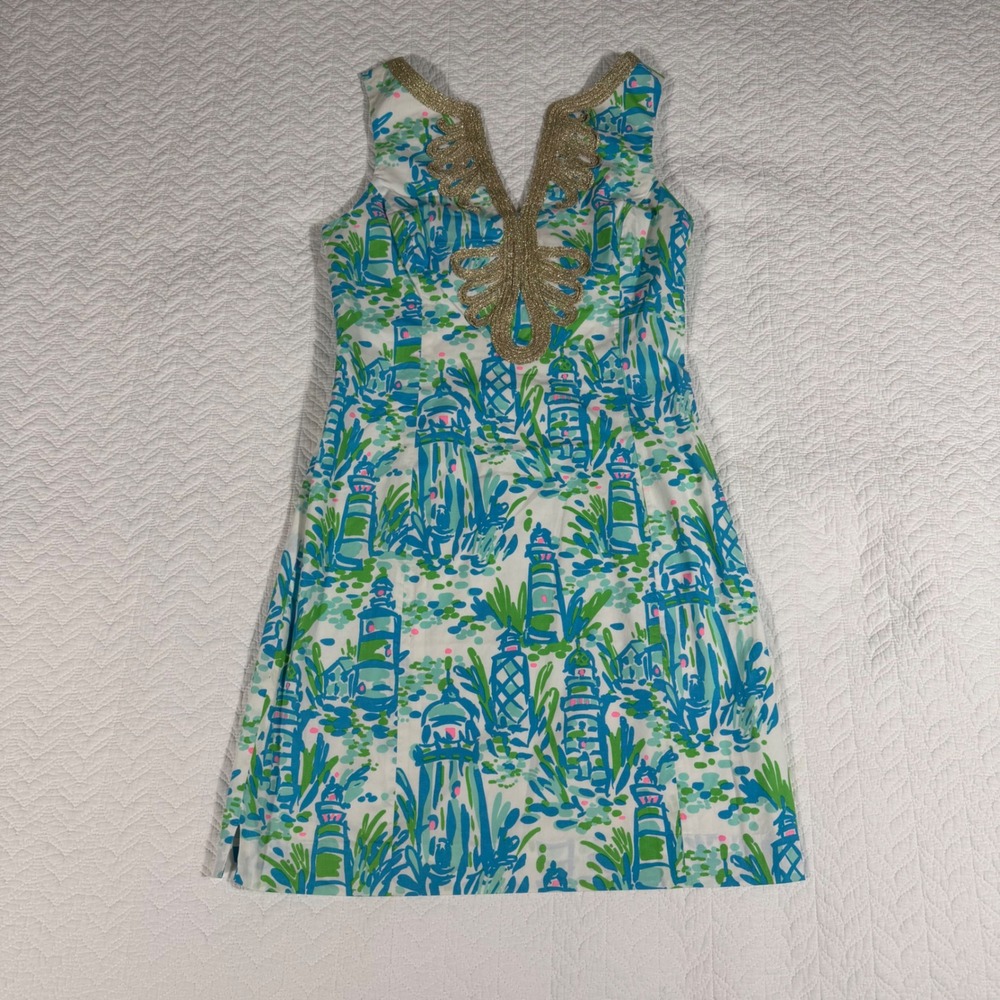 Lilly Pulitzer Janice Shift Dress Womens 2 Blue Green‎ Metallic Trim Lighthouses